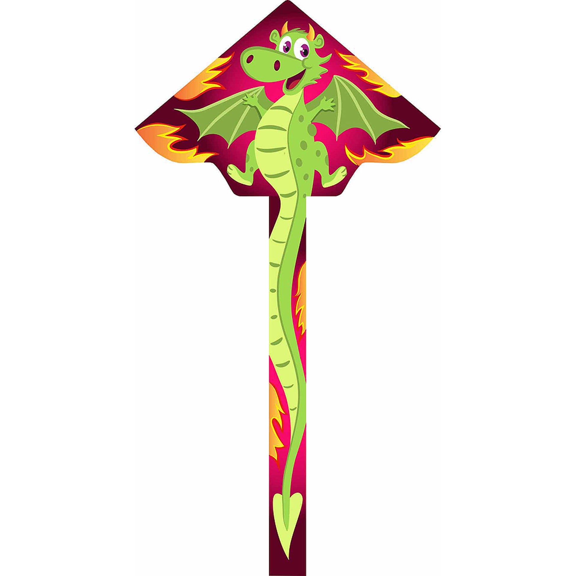 Bright green dragon-shaped kite with fire-orange and magenta wings and tail, smiling cartoon face with purple eyes