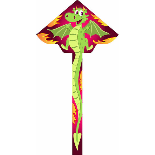 Bright green dragon-shaped kite with fire-orange and magenta wings and tail, smiling cartoon face with purple eyes