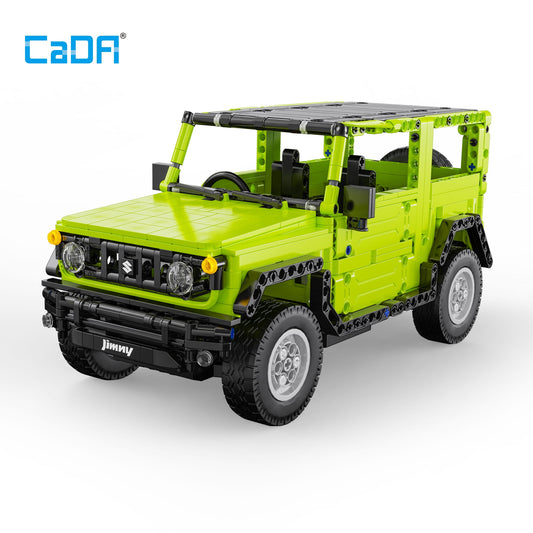 CaDA Jimny SUV building set in neon yellow and black with detailed construction blocks, working headlights, and removable roof canopy