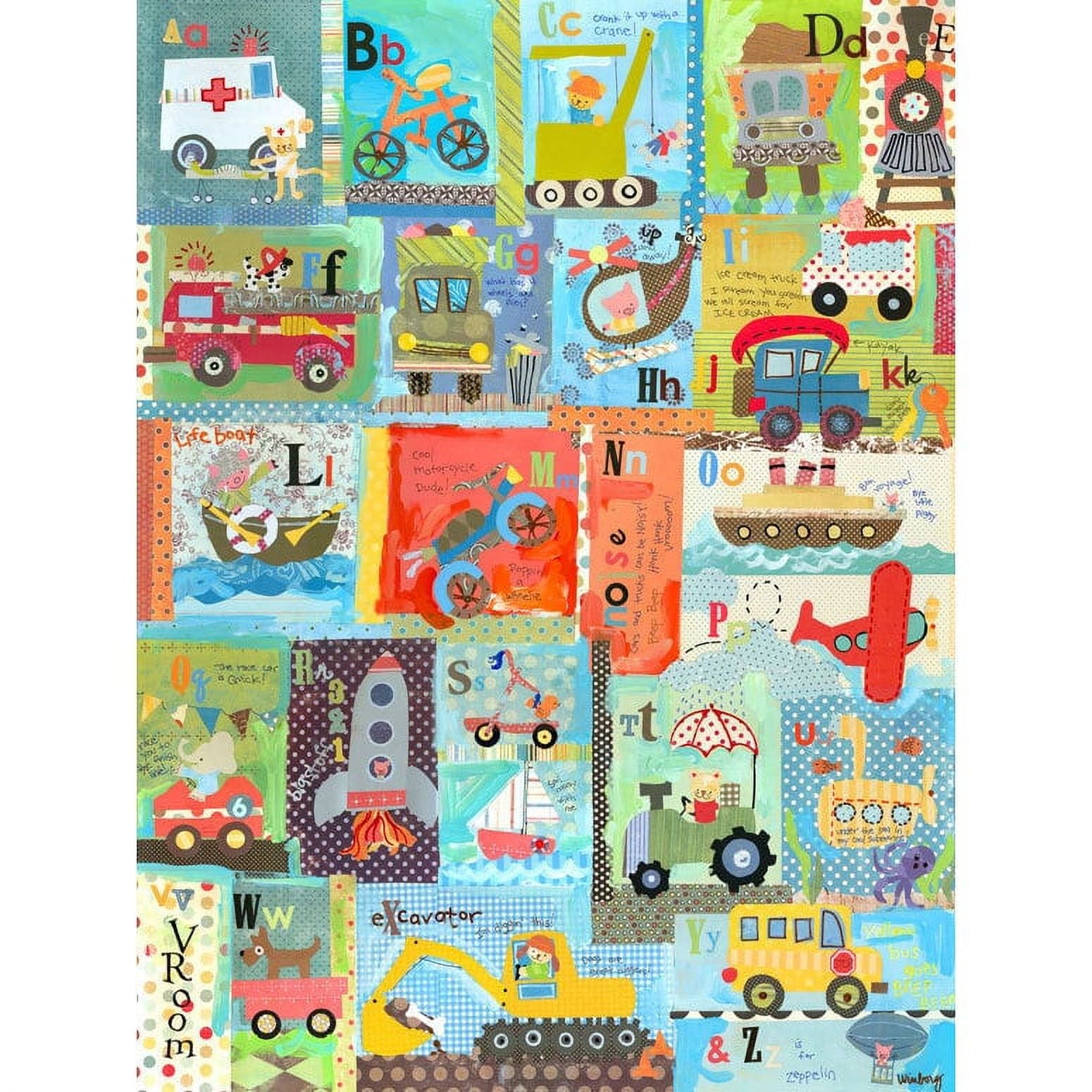 Colorful patchwork alphabet quilt or fabric featuring vehicles and transportation-themed illustrations with letters A through Z in vibrant, multi-colored blocks