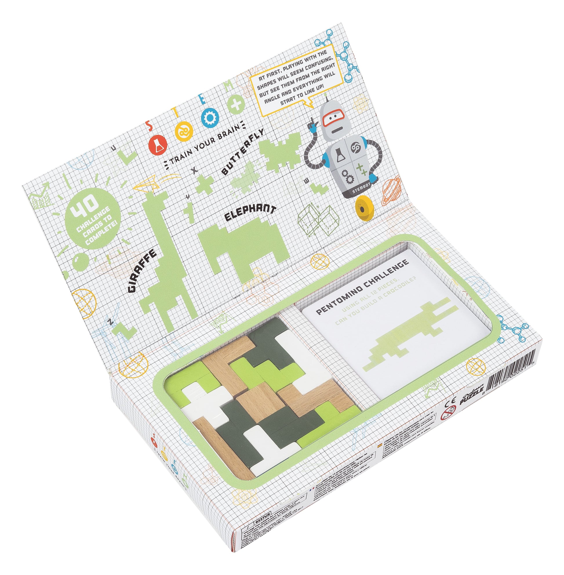 STEM Pentomino Puzzle Game box showing grid-patterned packaging with colorful icons, including wooden and black puzzle pieces, challenge card, and game instruct