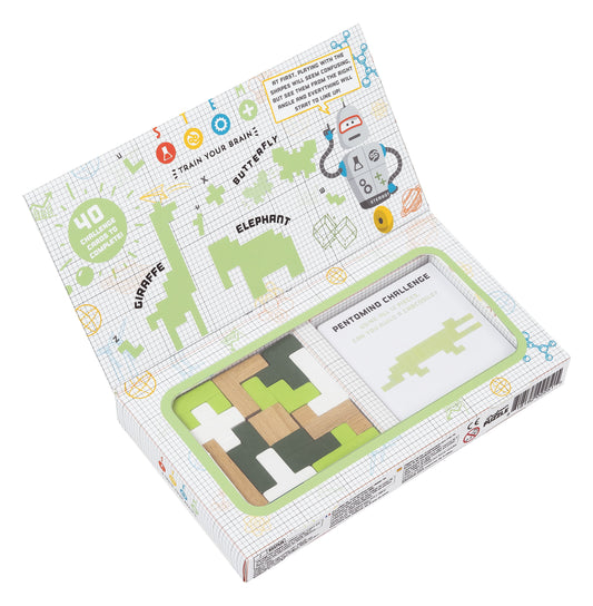 STEM Pentomino Puzzle Game box showing grid-patterned packaging with colorful icons, including wooden and black puzzle pieces, challenge card, and game instruct