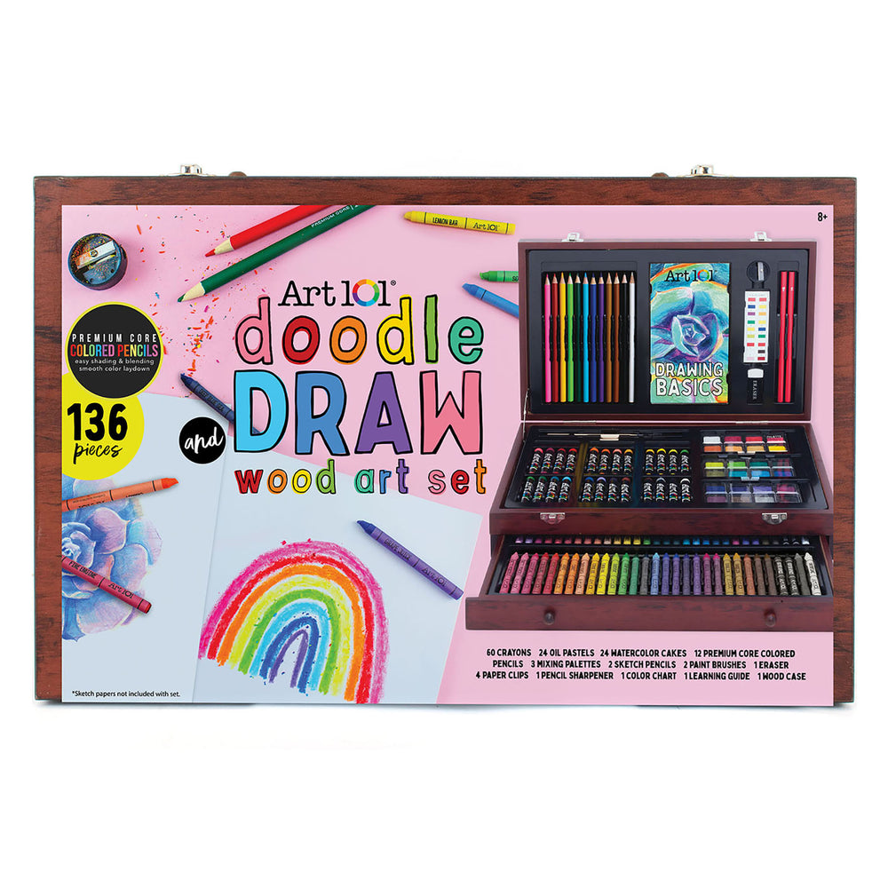 Art 101 Doodle and Draw 136-piece wood art set with open case displaying colored pencils, crayons, oil pastels, watercolor cakes, brushes, and supplies, shown w