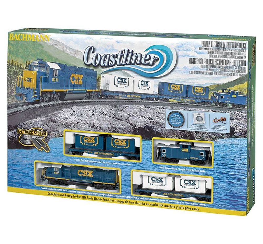 Bachmann Trains Coastliner HO Scale electric train set box showing blue and yellow CSX locomotive, white freight cars, blue caboose, and track system with coast