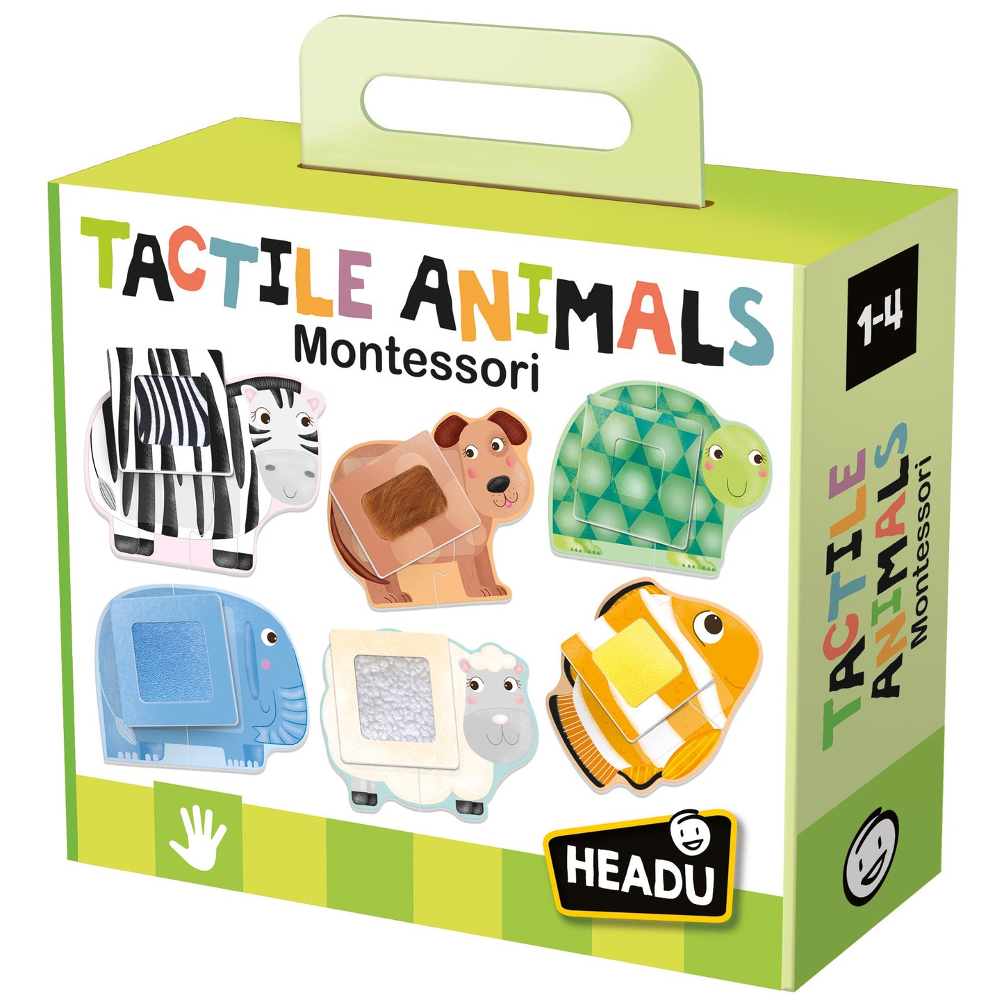Tactile Animals Montessori puzzle set box featuring textured animal shapes including zebra, dog, elephant, turtle, sheep, and fish for sensory learning
