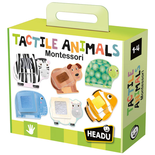 Tactile Animals Montessori puzzle set box featuring textured animal shapes including zebra, dog, elephant, turtle, sheep, and fish for sensory learning