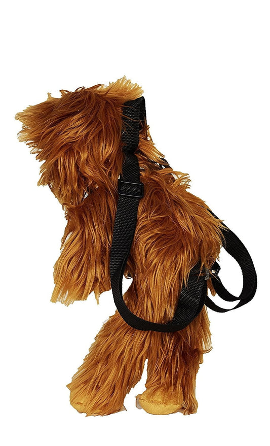 Brown fuzzy plush backpack with shaggy fur texture and black mesh straps, designed as a Star Wars character