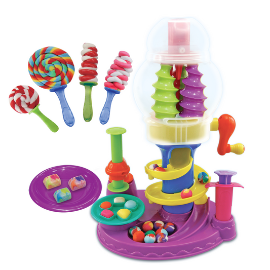 Crayola Candy Sweet Shop Creative Playset with colorful lollipops, candy pieces, spinning towers, and accessory pieces on a purple base