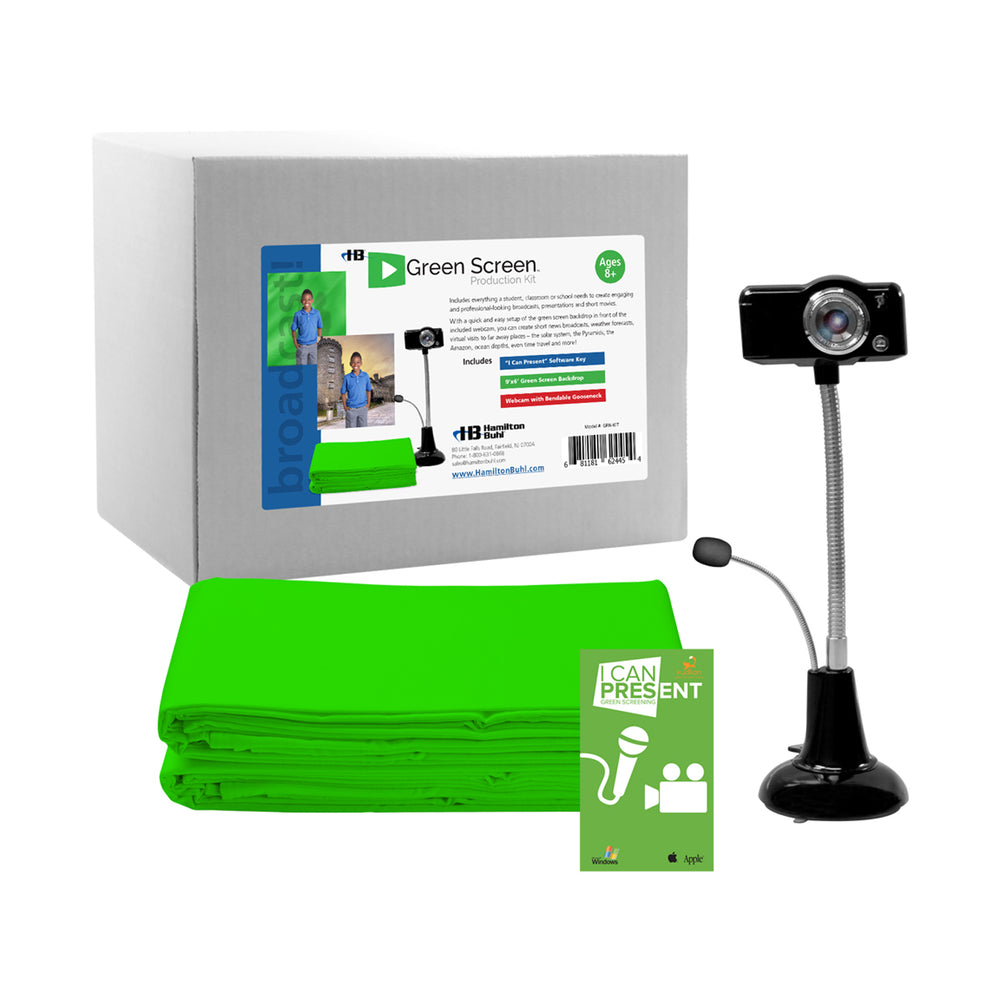 Green Screen Production Kit contents: gray box packaging, bright green collapsible backdrop, black webcam with flexible goniometer arm and stand, and "I Can Pre