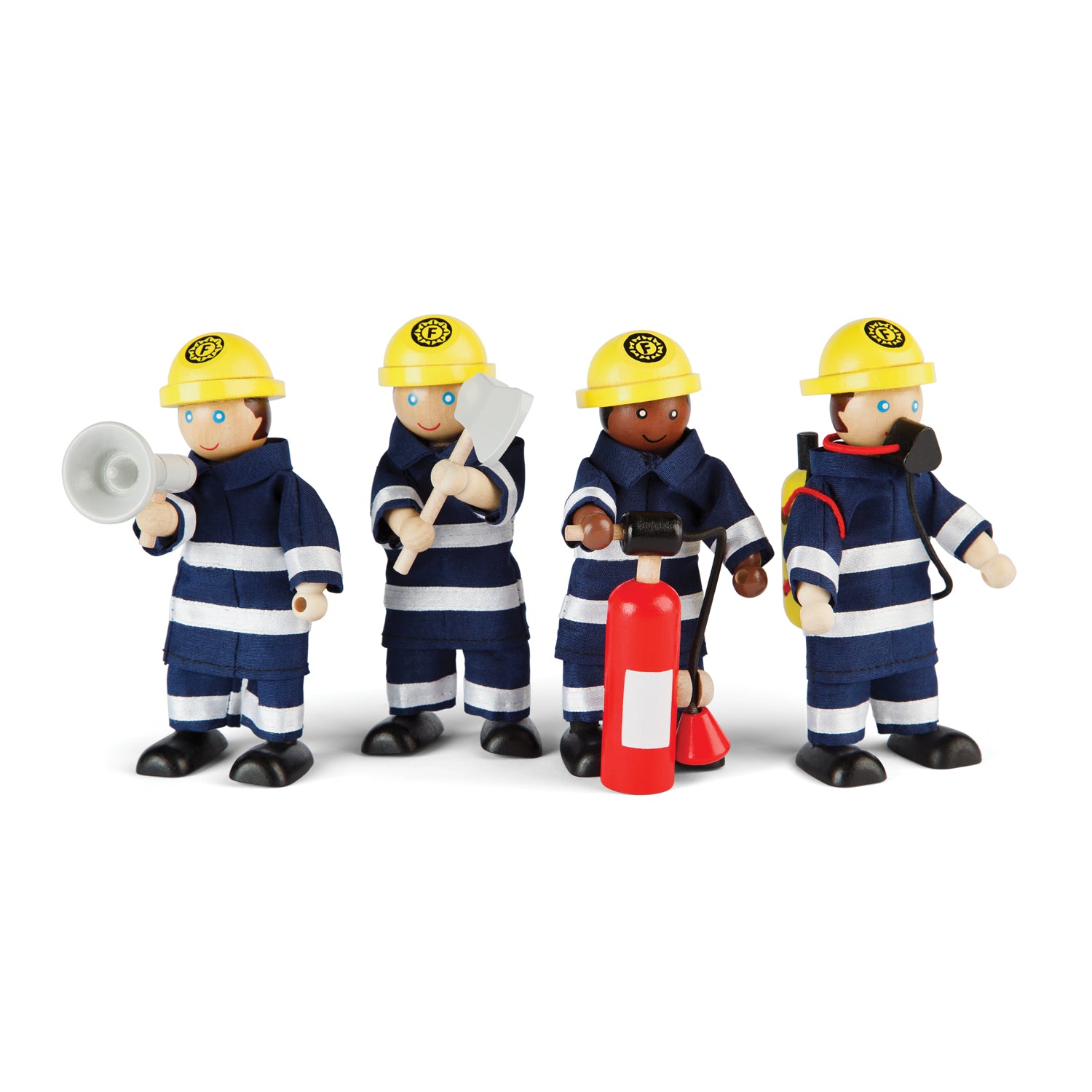Four wooden firefighter figurines wearing yellow hard hats and navy uniforms with white stripes, each holding different rescue equipment including a megaphone,