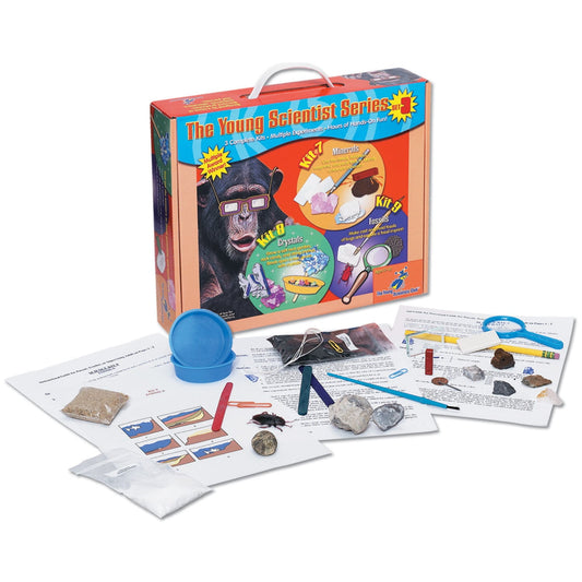 Young Scientist Series earth science learning kit with carrying case, featuring three experiments: minerals, crystals, and fossils. Includes instruction booklet
