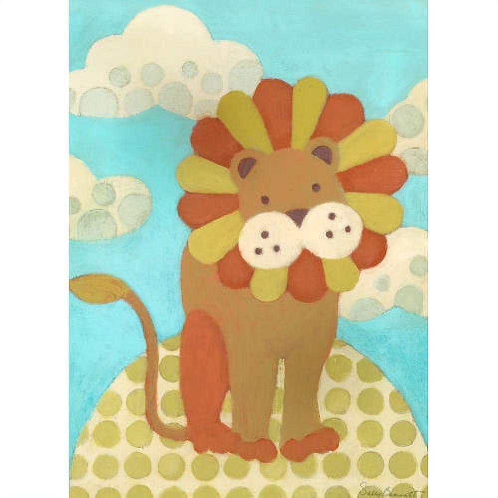 Illustrated lion with yellow and orange flower-shaped mane and white daisy flowers, standing on polka-dotted ground under turquoise sky with white clouds