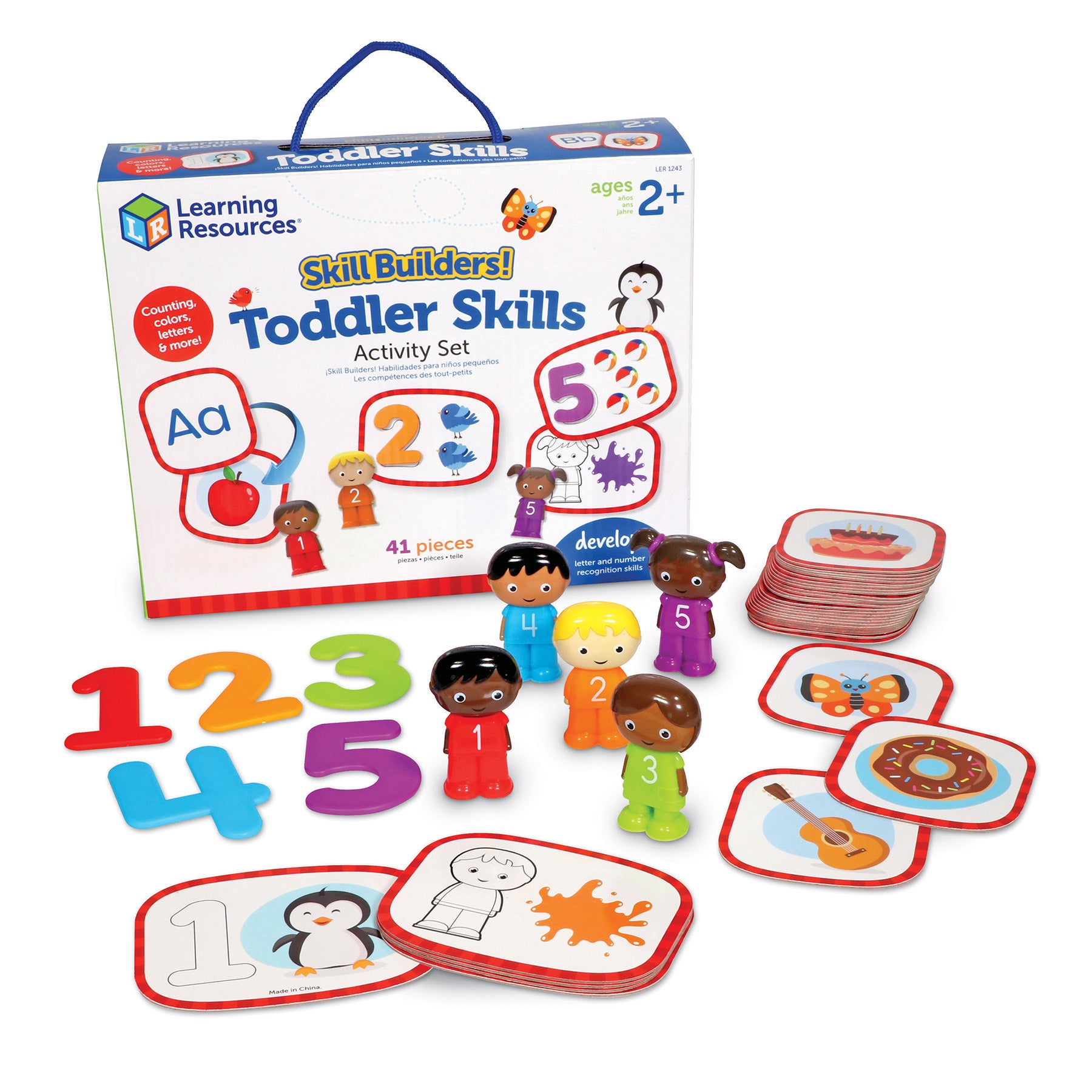 Learning Resources Skill Builders Toddler Skills Activity Set with 41 pieces including colored number blocks, character figurines, and illustrated activity card