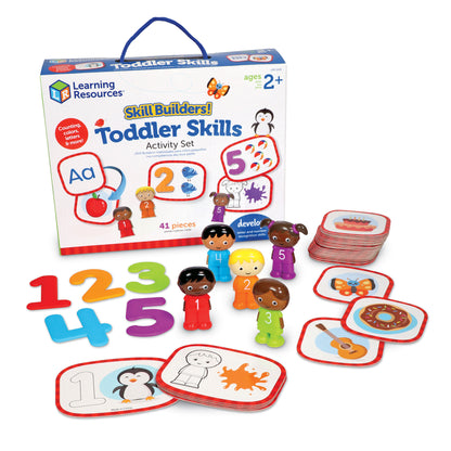 Learning Resources Skill Builders Toddler Skills Activity Set with 41 pieces including colored number blocks, character figurines, and illustrated activity card
