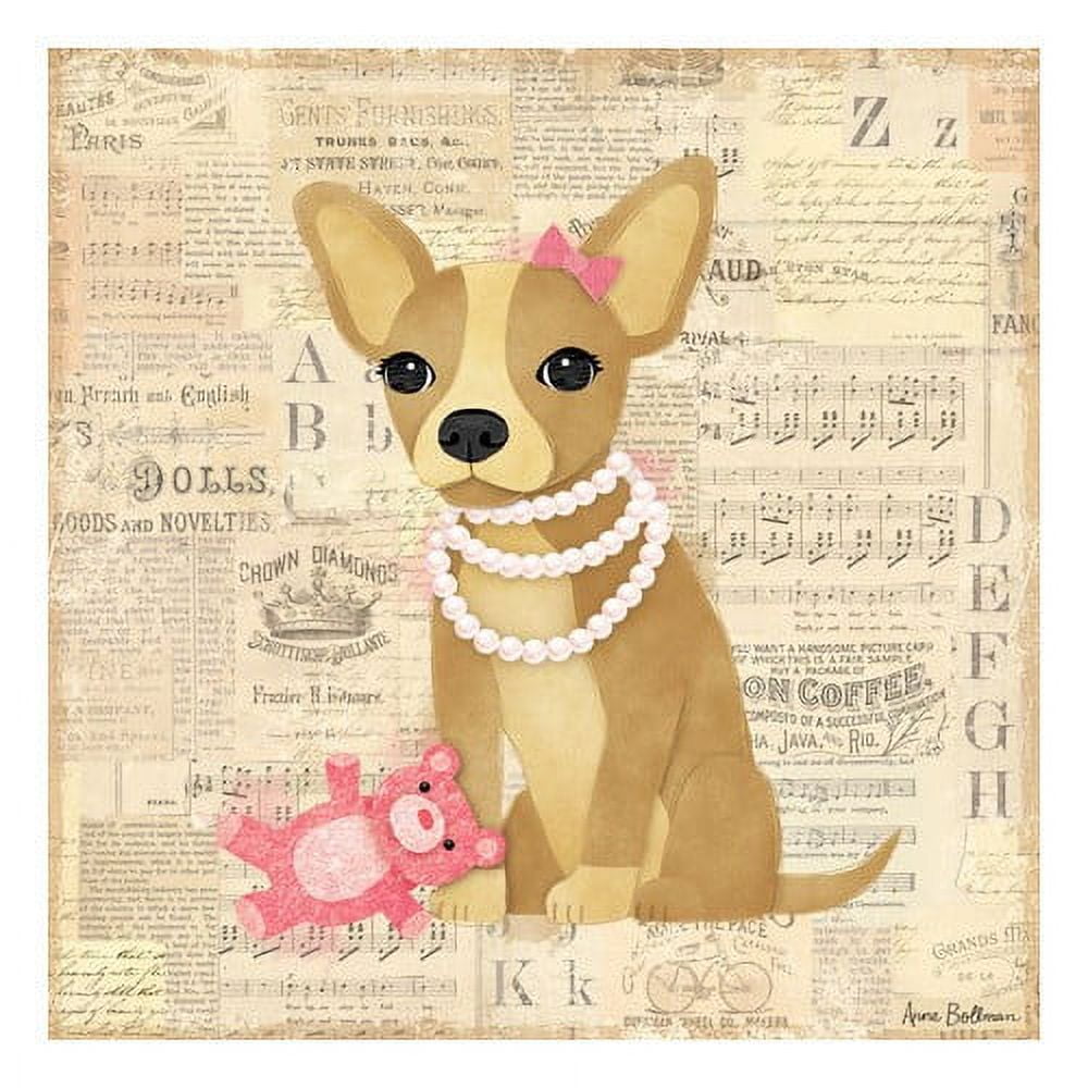 Illustrated tan and white Chihuahua wearing pearl necklace and pink bow, holding pink toy, on vintage collage background with sheet music and text