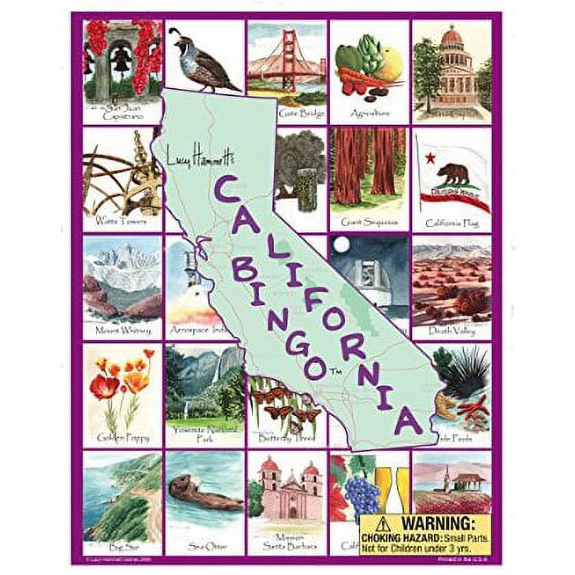 Lucy Hammett's California Bingo game board featuring illustrated tiles of state landmarks, wildlife, and attractions arranged around a California map outline