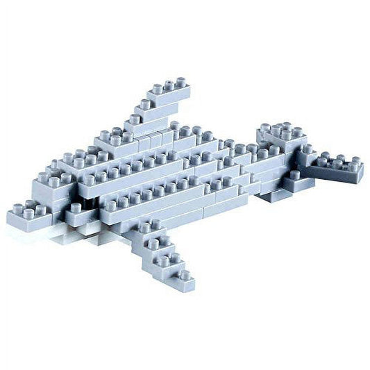 Light gray micro building blocks assembled into a dolphin shape, shown on plain white background