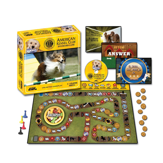 American Kennel Club DVD board game with yellow box, game board with dog breed spaces and jackpot center, DVD, game pieces, cards, and tokens displayed