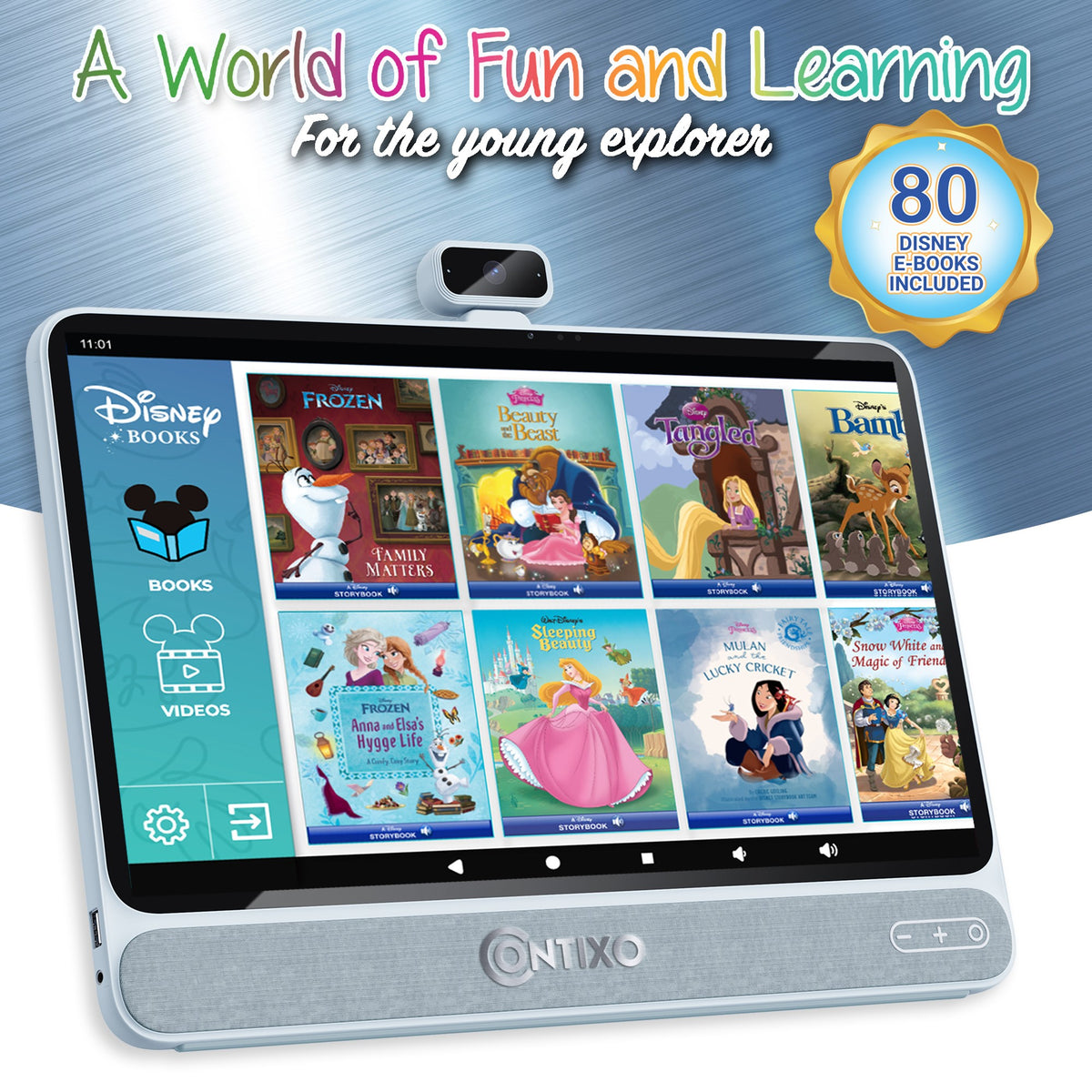 Contixo A3 tablet displaying Disney Books app with storybook titles including Frozen, Beauty and the Beast, Tangled, and Bambi; device shown on angled stand wit