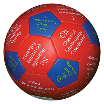 Red and blue Thumball Virtues & Values ball with printed text on panels, educational game for social-emotional learning