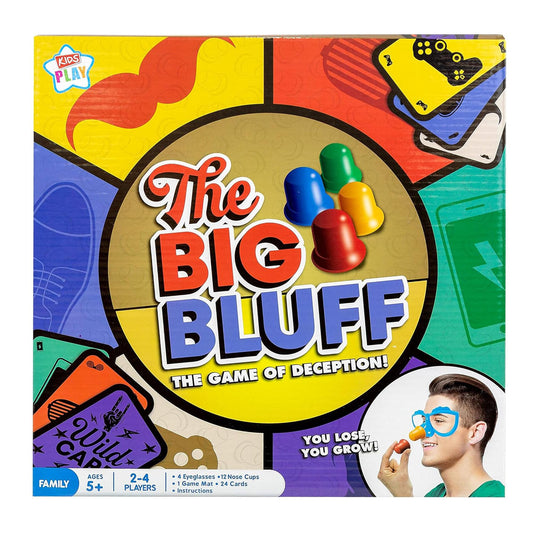 The Big Bluff family board game box showing colorful game pieces, nose cups, and eyeglasses prop modeled by a child