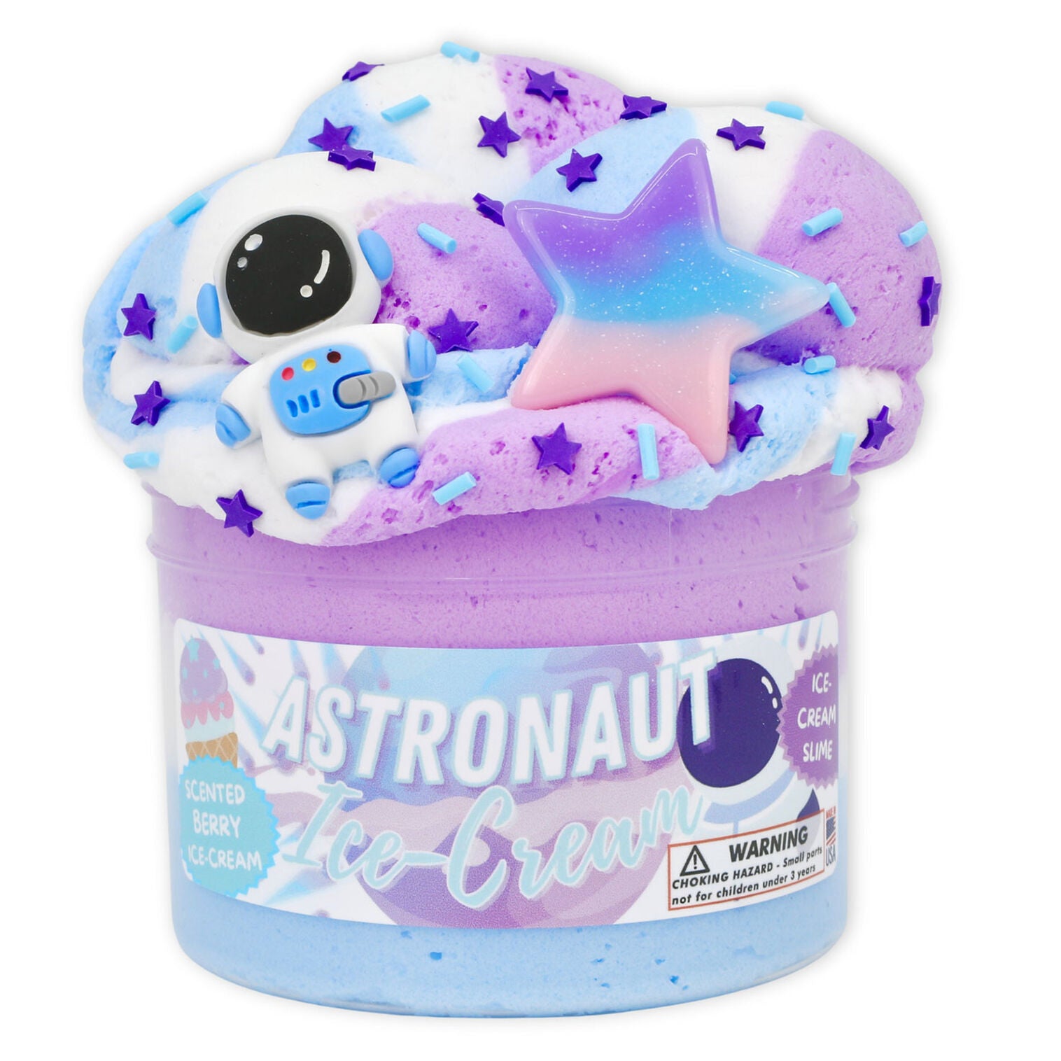 Astronaut Ice Cream Slime in purple, blue, and white with a small astronaut figurine, star decorations, and a gradient star topper
