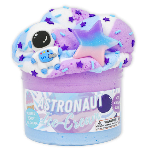 Astronaut Ice Cream Slime in purple, blue, and white with a small astronaut figurine, star decorations, and a gradient star topper
