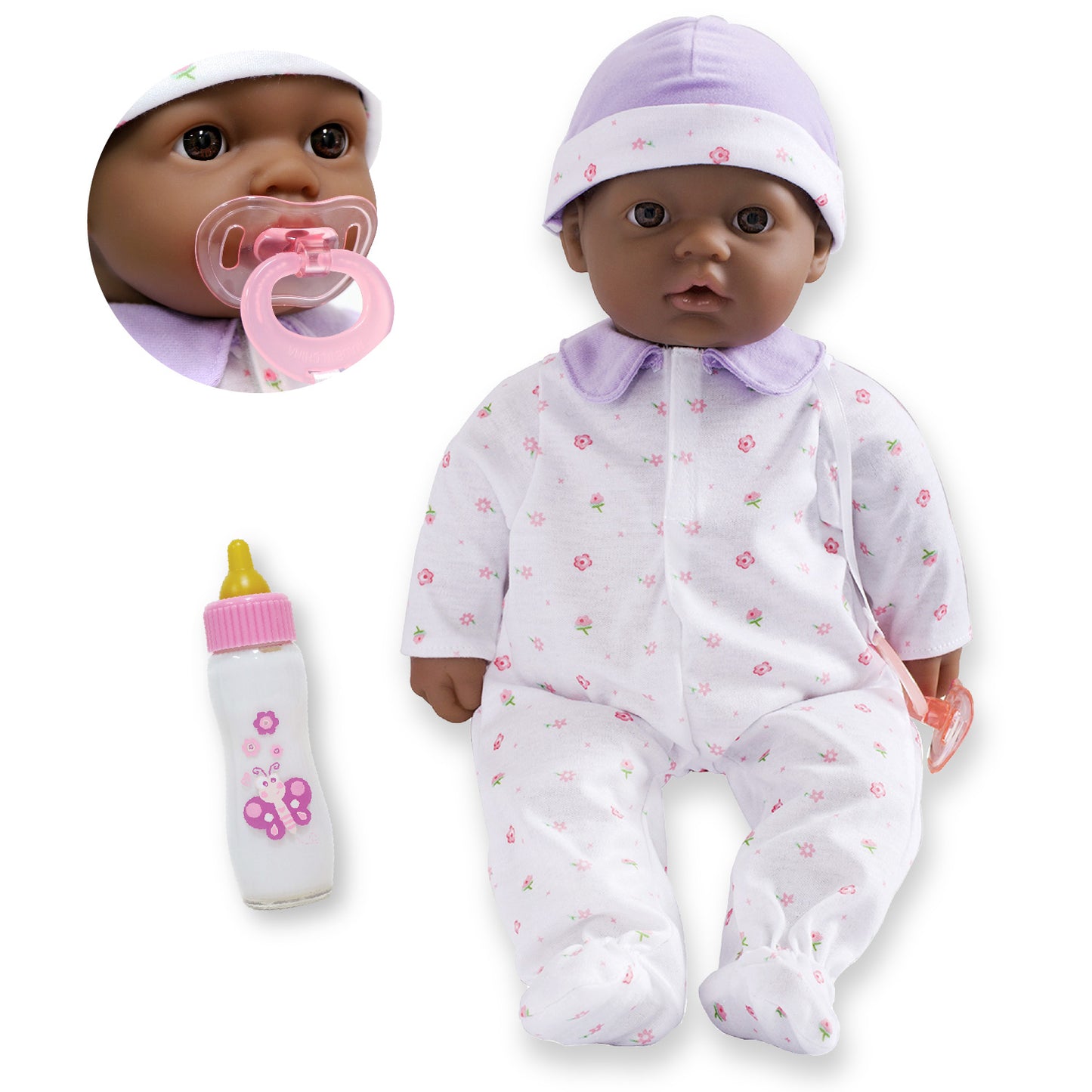 JC Toys La Baby Soft 16" Baby Doll, Purple with Pacifier, African-American