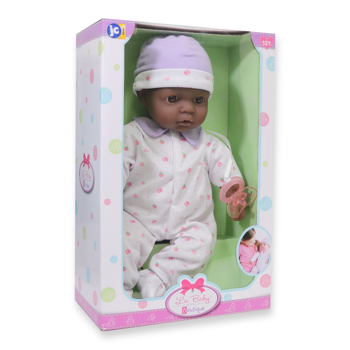 JC Toys La Baby Soft 16" Baby Doll, Purple with Pacifier, African-American
