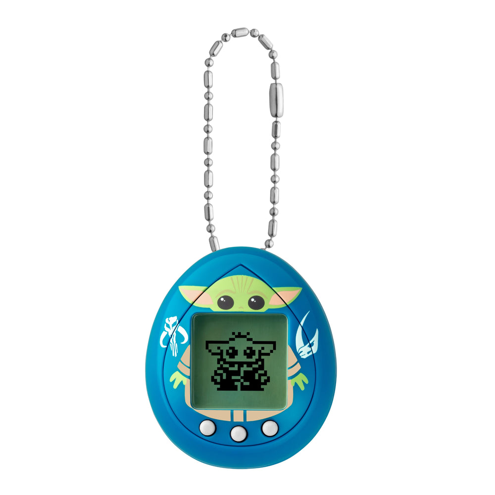 Blue oval Tamagotchi nano keychain with Grogu character face and interactive screen showing pixelated design, metal ball chain attached
