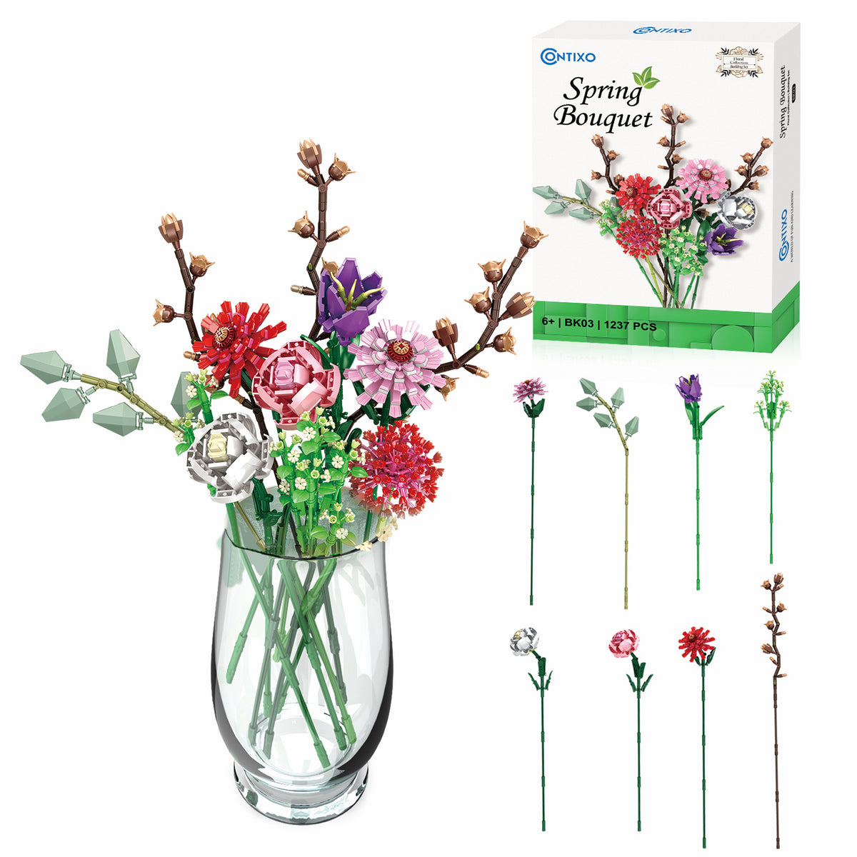 Contixo Spring Bouquet building block set displaying assembled colorful flowers in a clear glass vase with individual flower components shown separately; 1237 p