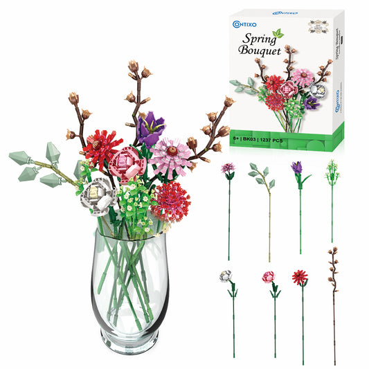 Contixo Spring Bouquet building block set displaying assembled colorful flowers in a clear glass vase with individual flower components shown separately; 1237 p
