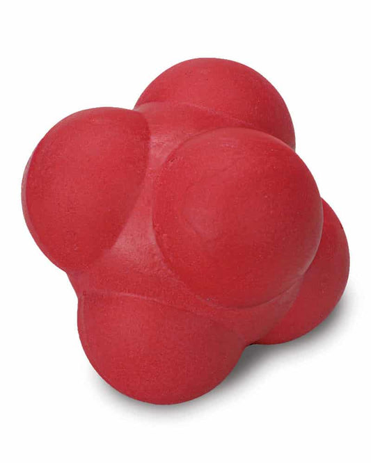 Red rubber reaction ball with four bumpy spherical lobes on a plain white background