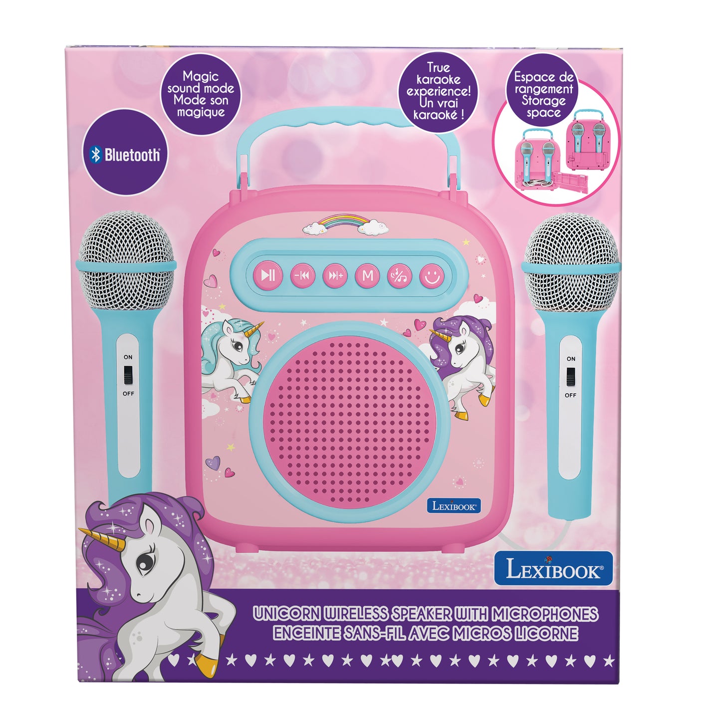 Lexibook Unicorn Bluetooth speaker with two turquoise microphones, pink carrying case, control buttons, and storage compartments on packaging
