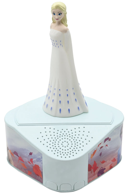 Disney Frozen Elsa Illuminated Bluetooth Speaker with Figurine — white speaker base with colorful leaf design and perforated speaker grille, topped with Elsa fi