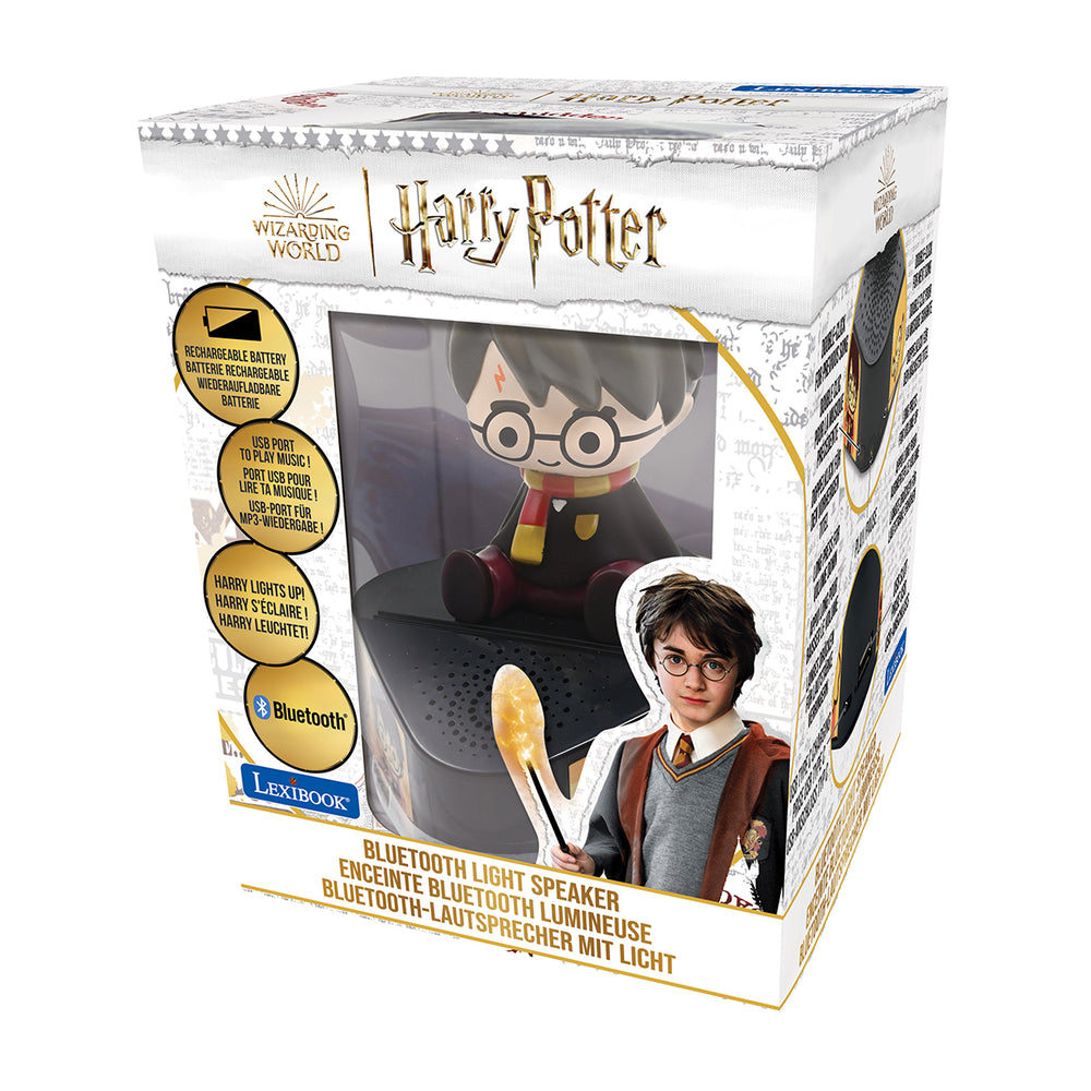 Harry Potter Bluetooth light speaker with character figurine wearing glasses and school robes, featuring USB rechargeable battery and illuminating magical wand