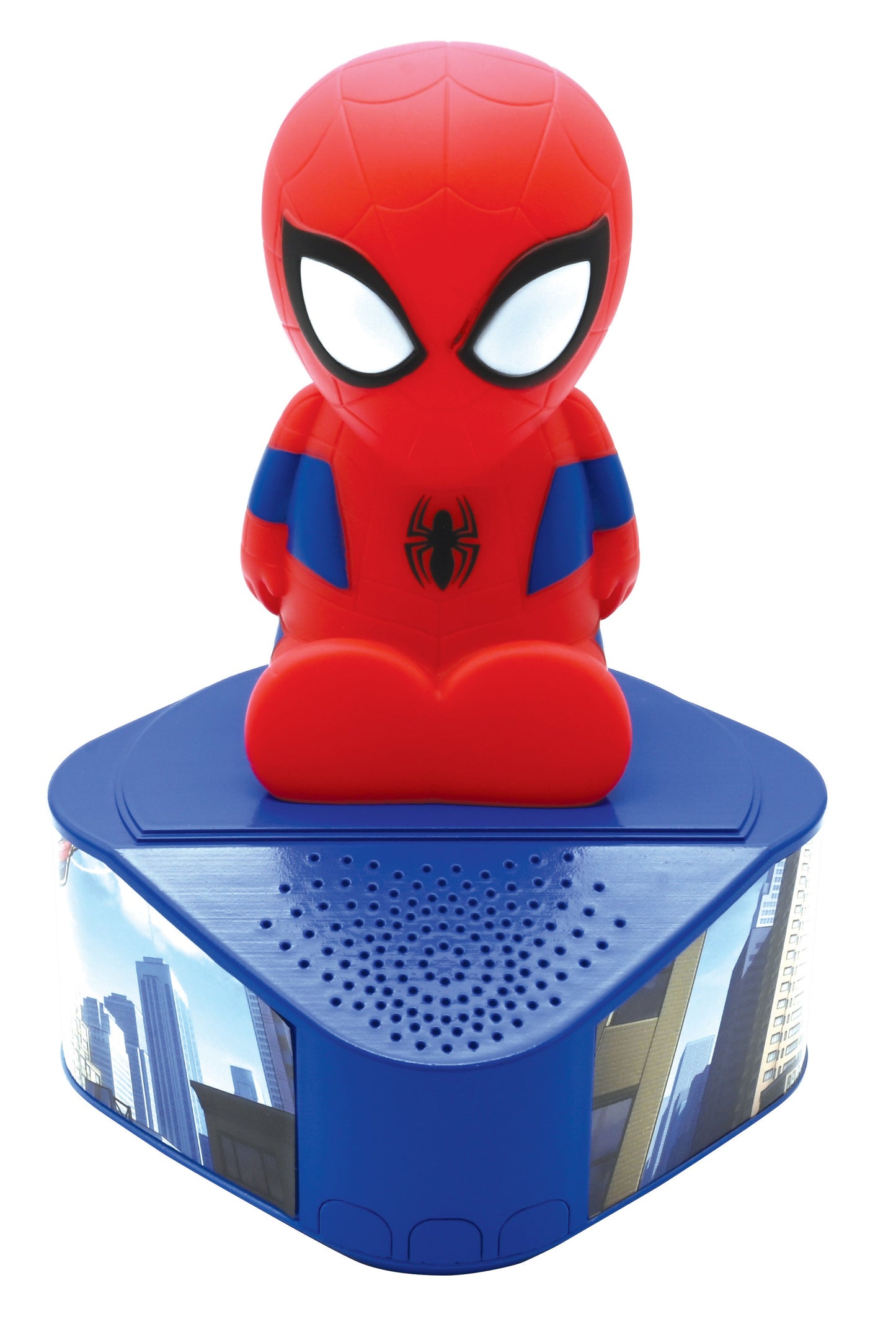 Red and blue Spider-Man head-shaped Bluetooth speaker with illuminated white eyes and spider logo, mounted on blue base with city skyline graphics