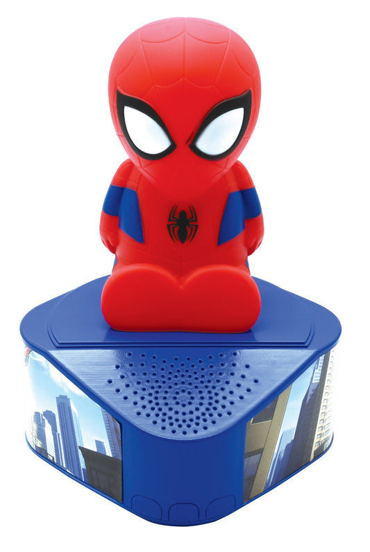 Red and blue Spider-Man head-shaped Bluetooth speaker with illuminated white eyes and spider logo, mounted on blue base with city skyline graphics
