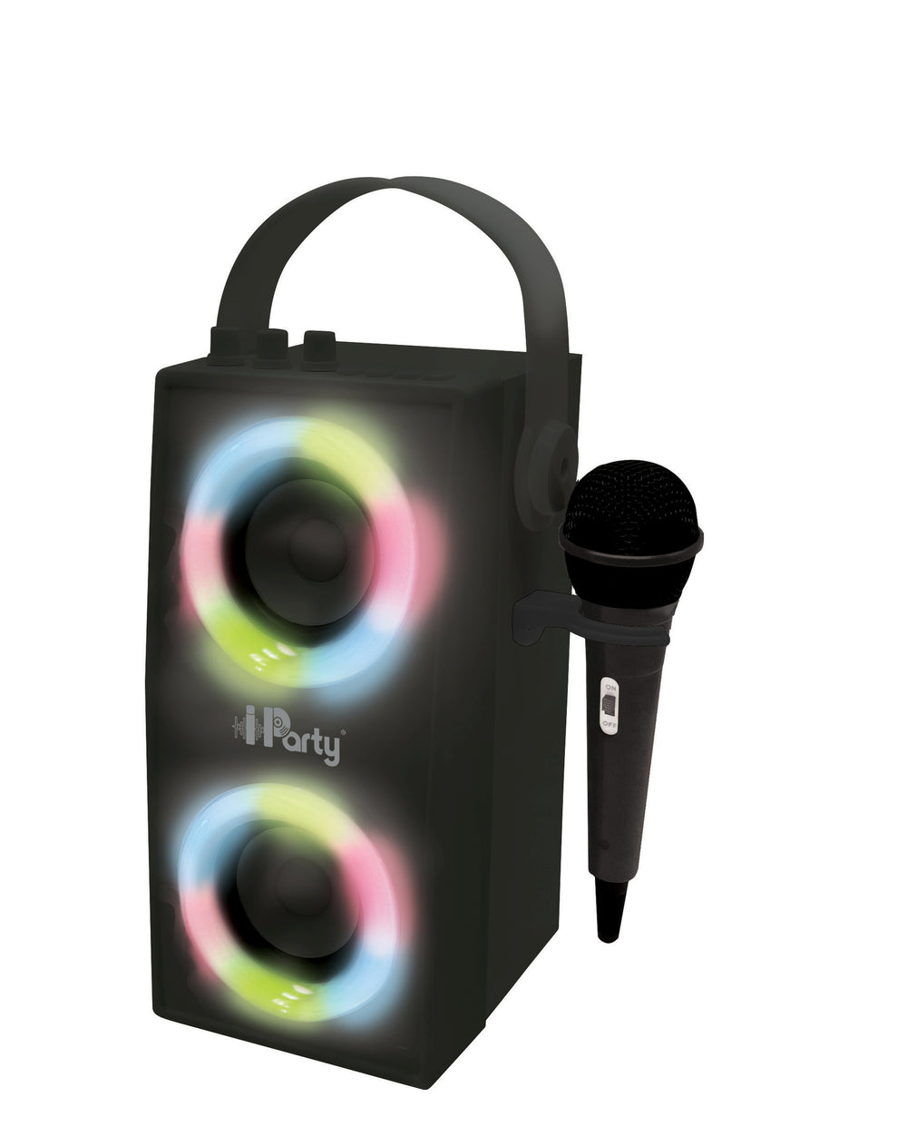Black portable Bluetooth speaker with dual illuminated speakers showing rainbow lighting effects and included microphone with handle
