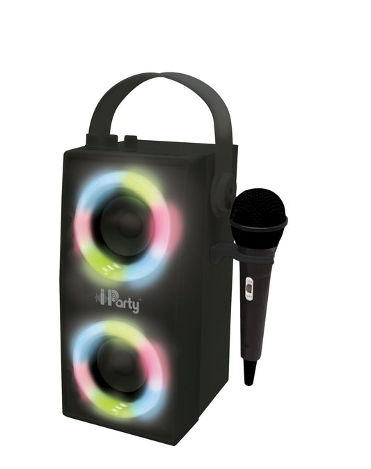 Black portable Bluetooth speaker with dual illuminated speakers showing rainbow lighting effects and included microphone with handle