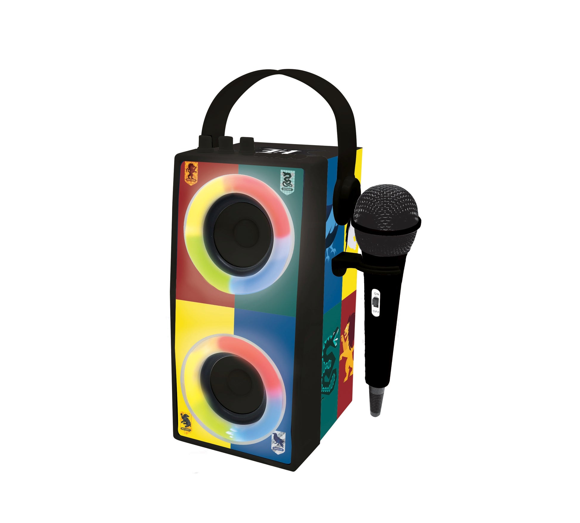 Lexibook Harry Potter Bluetooth karaoke speaker with two illuminated speakers, colorful panel design, black microphone, and carrying handle