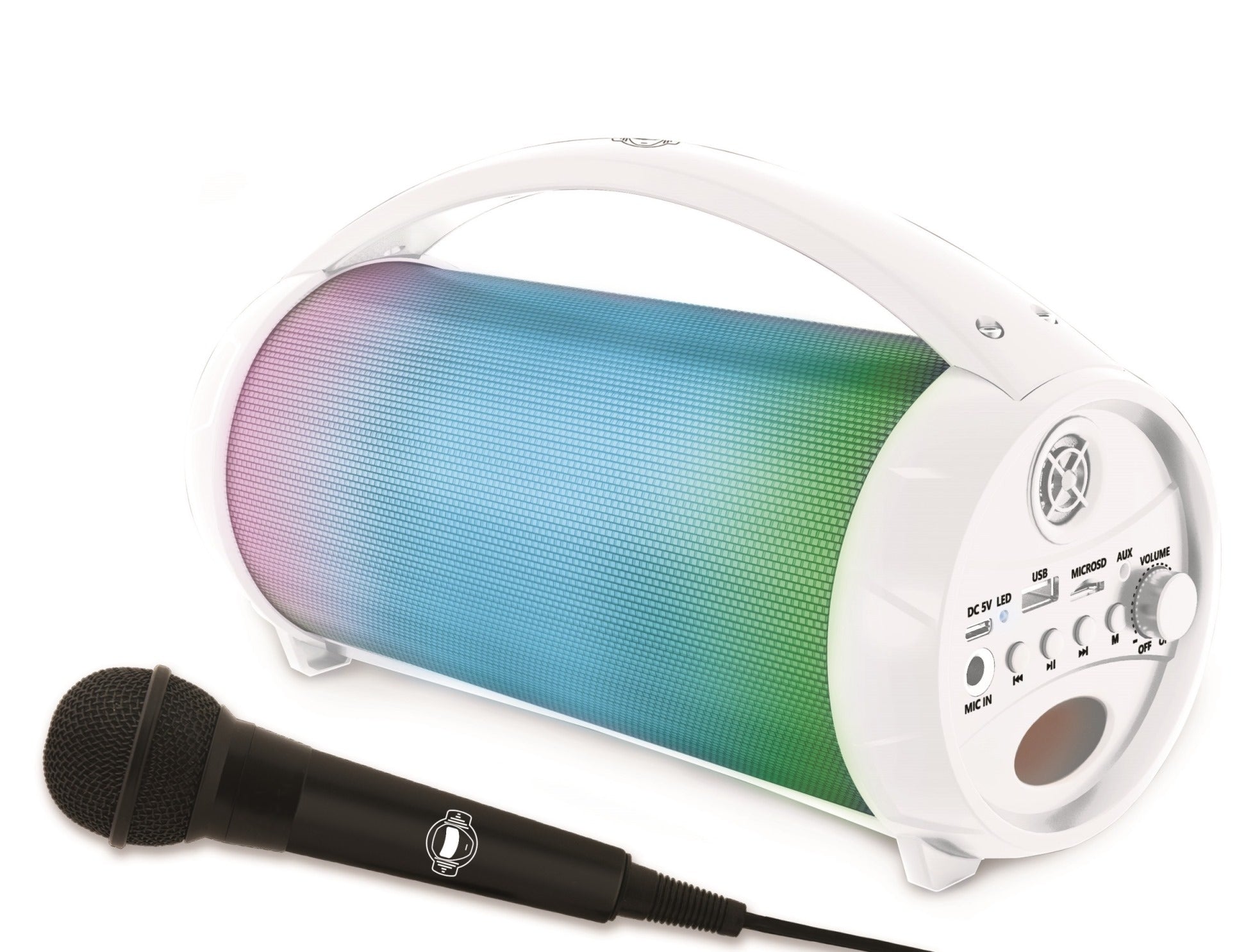 White portable Bluetooth speaker with color-changing LED display and included black microphone
