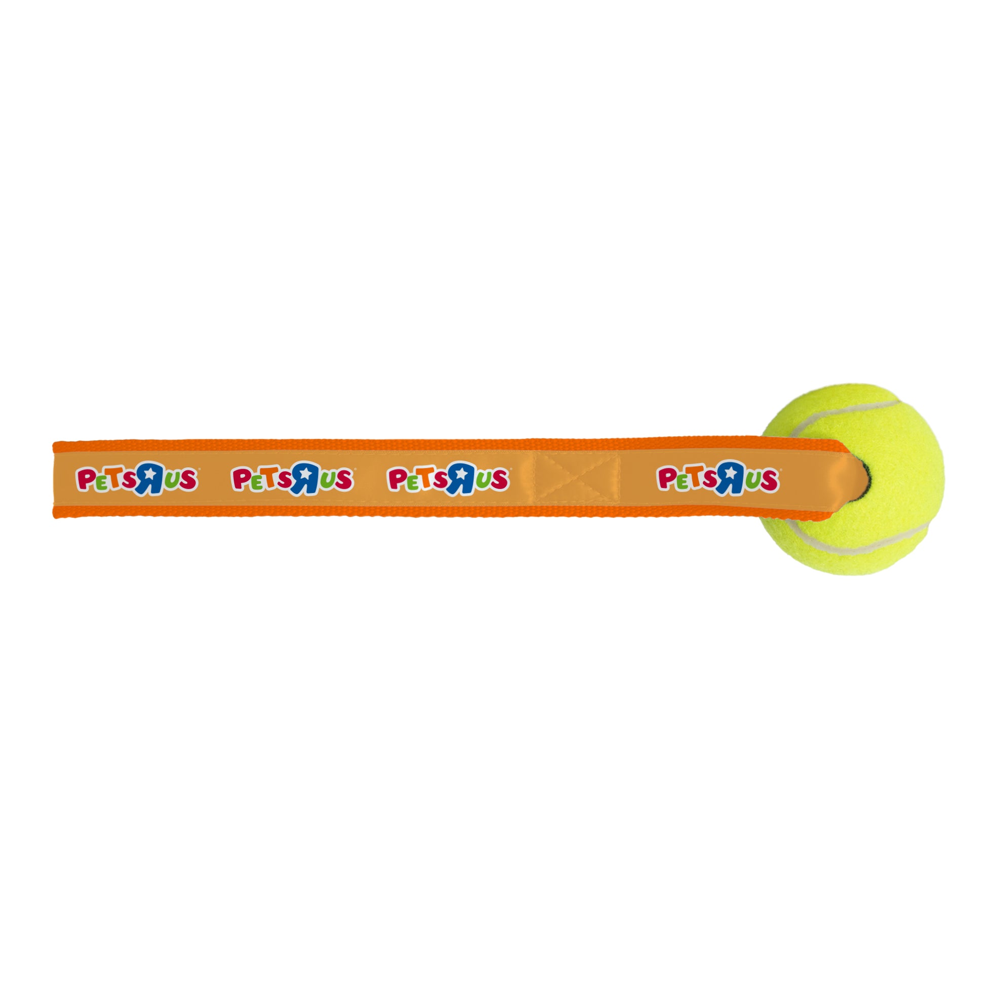 PETS R US tennis ball sling dog toy with bright green ball and orange fabric strap