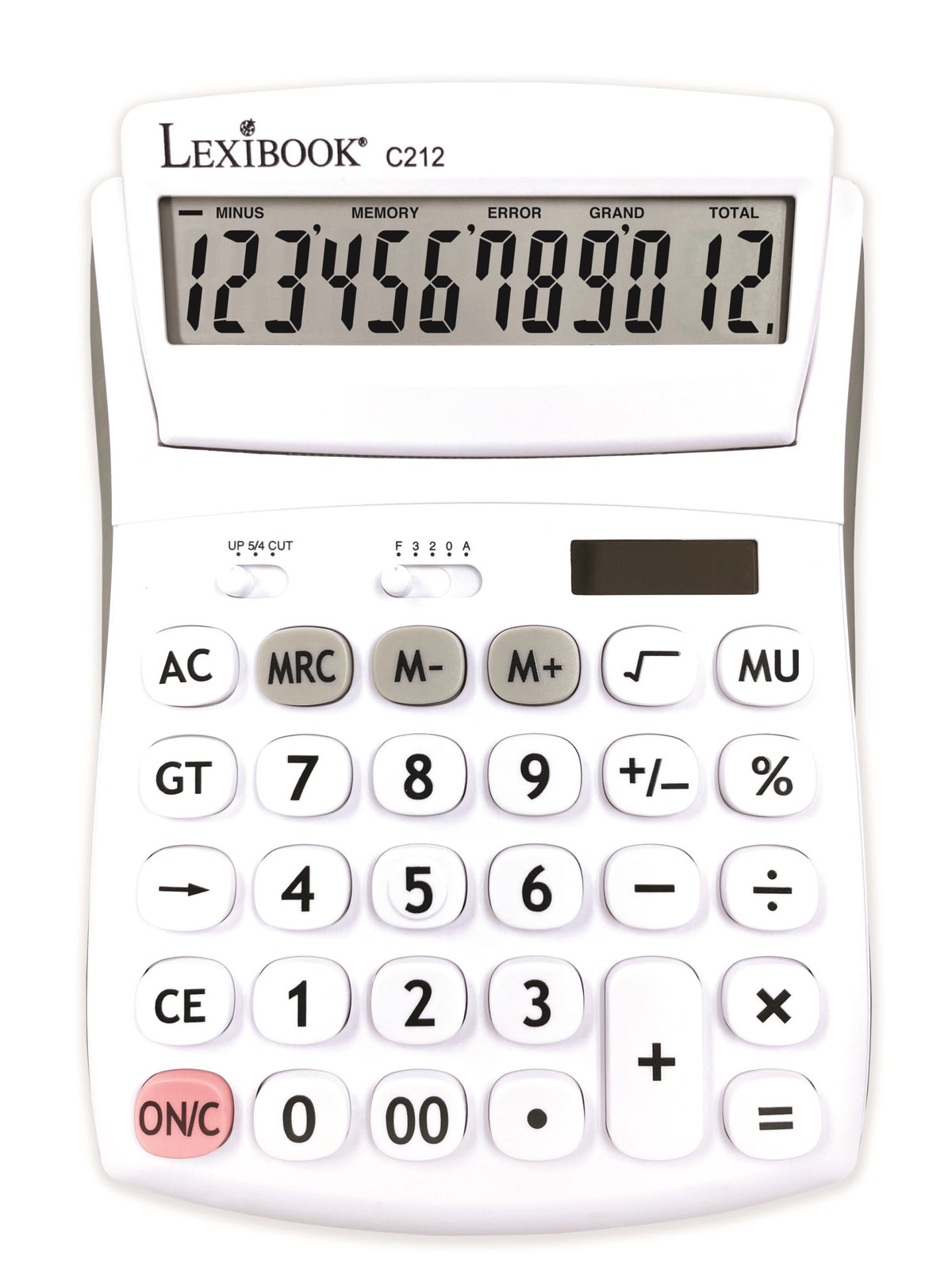 Lexibook C212 calculator with white case, digital display showing numbers, and button layout including number pad, basic operations, memory functions, and ON/C