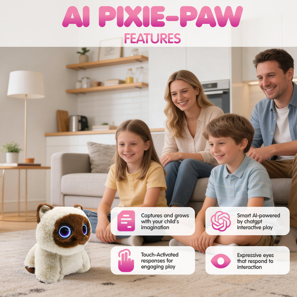 Contixo AI Pixie-Paw brown and white interactive plush cat with glowing eyes