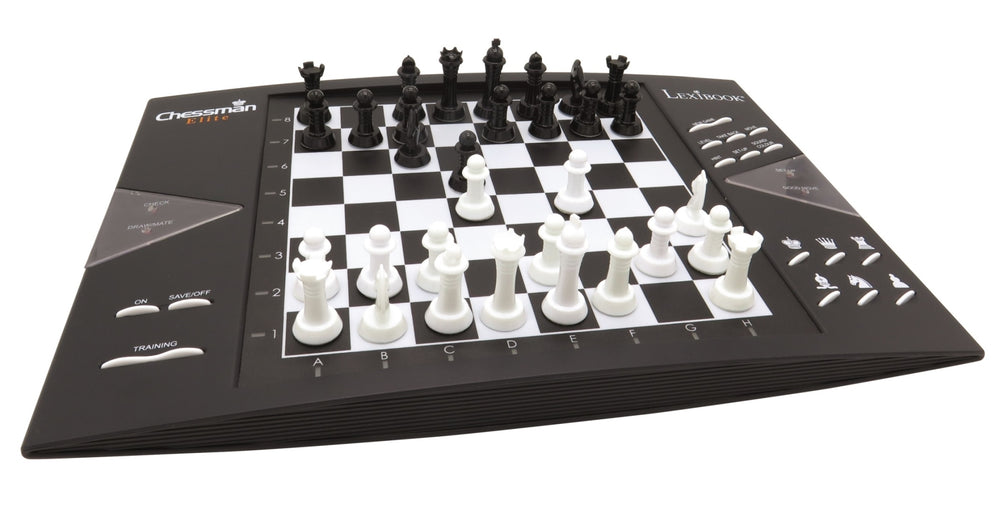 Lexibook ChessMan Elite electronic chess board with black and white pieces mid-game on checkered board, control panel on left side