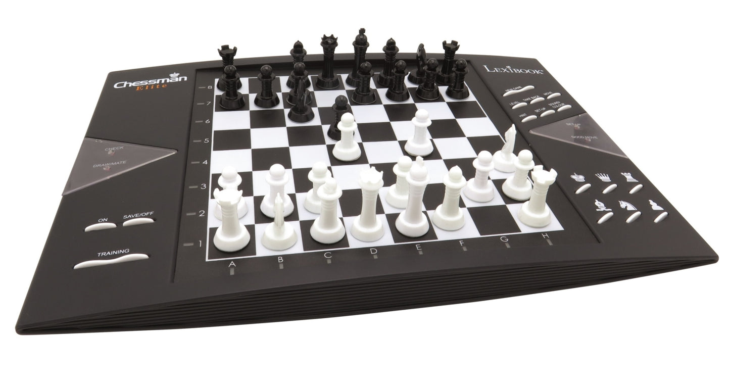 Lexibook ChessMan Elite electronic chess board with black and white pieces mid-game, control panel on left side with buttons and display screen