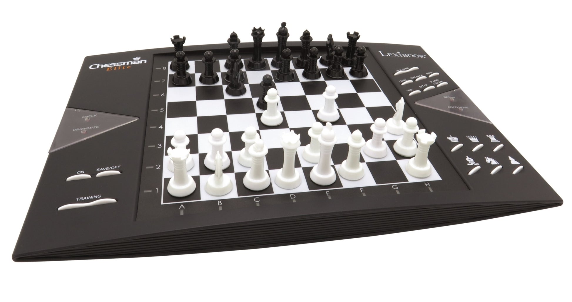 Lexibook ChessMan Elite electronic chess board with black and white pieces mid-game, control panel on left side with buttons and display screen
