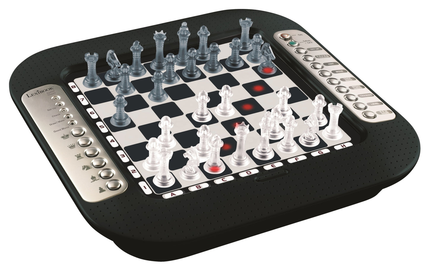 Lexibook ChessMan FX electronic chess game with transparent pieces on checkered board, illuminated squares, and control panels on black base