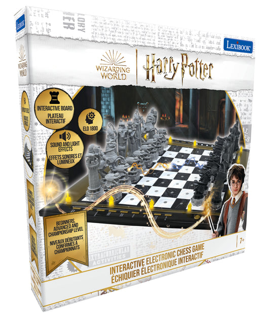 Harry Potter Magical Electronic Chess Game by Lexibook featuring interactive board with sound and light effects, wizard statues, and black and white checkered b